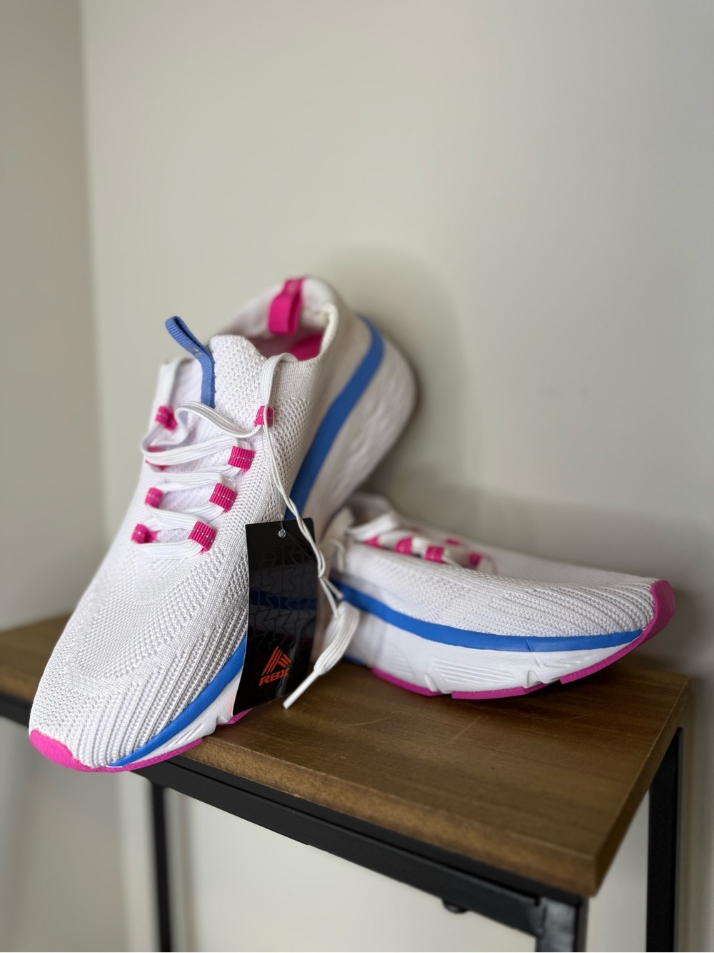 RBX Live Life Active women's tennis shoe in white with blue and pink trim